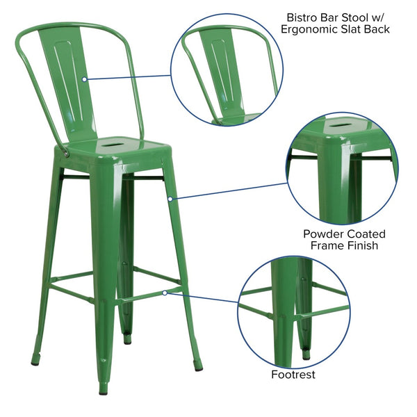 English Elm Kai Commercial Grade 30" High Metal Indoor-Outdoor Barstool with Versatile Removable Backrest Green CH-31320-30GB-GN-GG