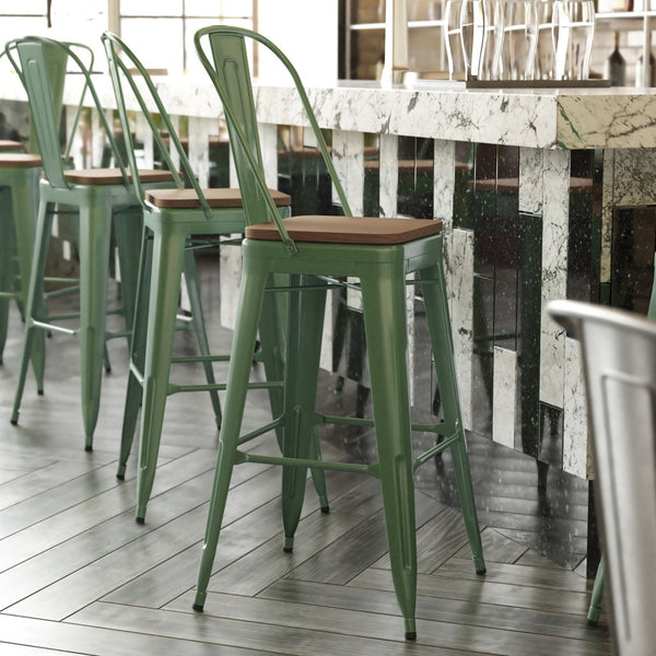 English Elm Kai 30" High Commercial-Grade Metal Bar Stool with Removable Back for Indoor and Outdoor Use Teak Seat/Green Frame CH-31320-30GB-GN-PL2T-GG