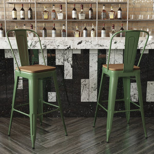 English Elm Kai 30" High Commercial-Grade Metal Bar Stool with Removable Back for Indoor and Outdoor Use Teak Seat/Green Frame CH-31320-30GB-GN-PL2T-GG