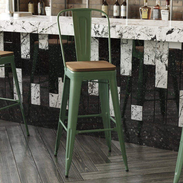 English Elm Kai 30" High Commercial-Grade Metal Bar Stool with Removable Back for Indoor and Outdoor Use Teak Seat/Green Frame CH-31320-30GB-GN-PL2T-GG