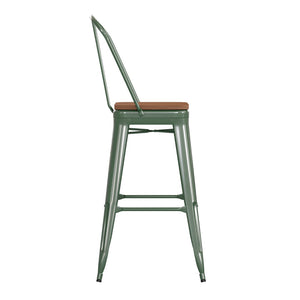 English Elm Kai 30" High Commercial-Grade Metal Bar Stool with Removable Back for Indoor and Outdoor Use Teak Seat/Green Frame CH-31320-30GB-GN-PL2T-GG