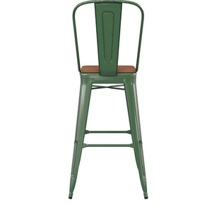 English Elm Kai 30" High Commercial-Grade Metal Bar Stool with Removable Back for Indoor and Outdoor Use Teak Seat/Green Frame CH-31320-30GB-GN-PL2T-GG