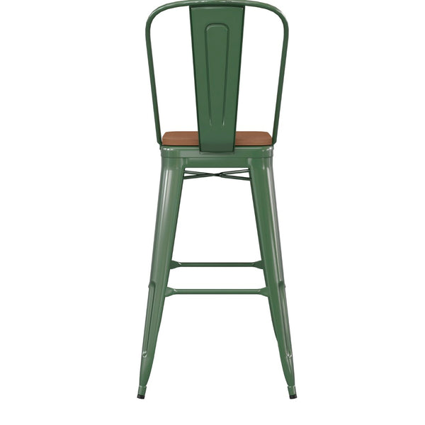 English Elm Kai 30" High Commercial-Grade Metal Bar Stool with Removable Back for Indoor and Outdoor Use Teak Seat/Green Frame CH-31320-30GB-GN-PL2T-GG