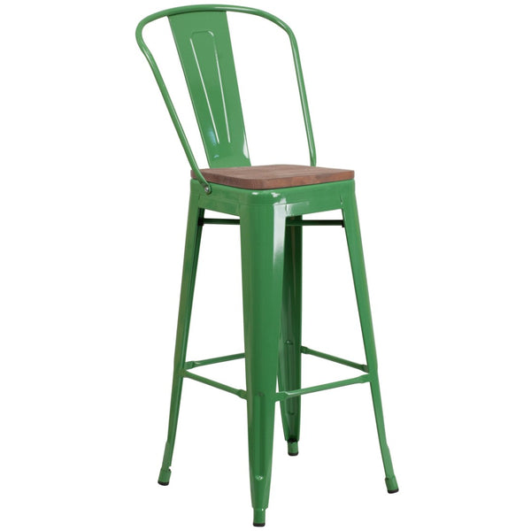 English Elm Lily 30" High Metal Barstool with Back and Wood Seat for Stylish Dining and Comfortable Support Green CH-31320-30GB-GN-WD-GG