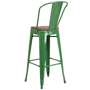 English Elm Lily 30" High Metal Barstool with Back and Wood Seat for Stylish Dining and Comfortable Support Green CH-31320-30GB-GN-WD-GG