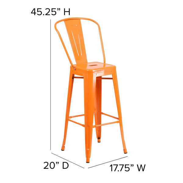 English Elm Kai 30" High Commercial-Grade Metal Bar Stool with Removable Back for Indoor and Outdoor Use Teak Seat/Orange Frame CH-31320-30GB-OR-PL2T-GG