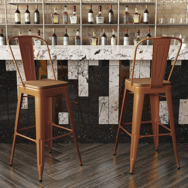 English Elm Kai 30" High Commercial-Grade Metal Bar Stool with Removable Back for Indoor and Outdoor Use Teak Seat/Orange Frame CH-31320-30GB-OR-PL2T-GG