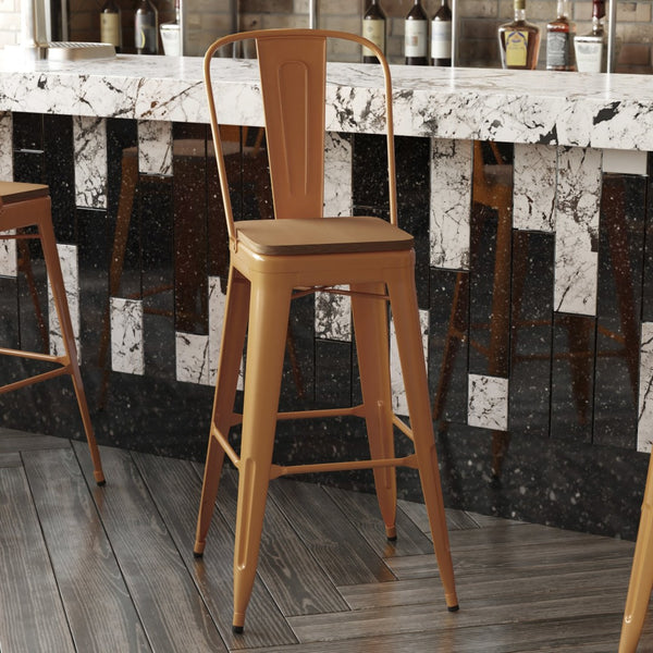 English Elm Kai 30" High Commercial-Grade Metal Bar Stool with Removable Back for Indoor and Outdoor Use Teak Seat/Orange Frame CH-31320-30GB-OR-PL2T-GG