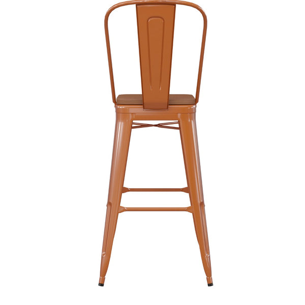 English Elm Kai 30" High Commercial-Grade Metal Bar Stool with Removable Back for Indoor and Outdoor Use Teak Seat/Orange Frame CH-31320-30GB-OR-PL2T-GG