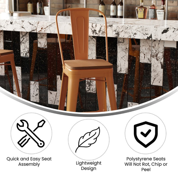 English Elm Kai 30" High Commercial-Grade Metal Bar Stool with Removable Back for Indoor and Outdoor Use Teak Seat/Orange Frame CH-31320-30GB-OR-PL2T-GG