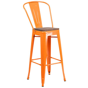 English Elm Lily 30" High Metal Barstool with Back and Wood Seat for Stylish Dining and Comfortable Support Orange CH-31320-30GB-OR-WD-GG