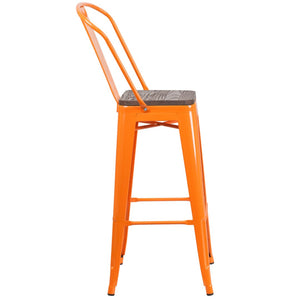 English Elm Lily 30" High Metal Barstool with Back and Wood Seat for Stylish Dining and Comfortable Support Orange CH-31320-30GB-OR-WD-GG