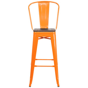 English Elm Lily 30" High Metal Barstool with Back and Wood Seat for Stylish Dining and Comfortable Support Orange CH-31320-30GB-OR-WD-GG