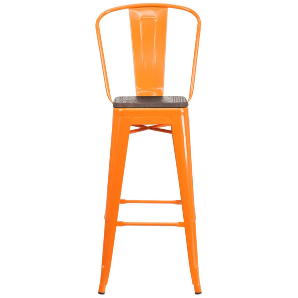English Elm Lily 30" High Metal Barstool with Back and Wood Seat for Stylish Dining and Comfortable Support Orange CH-31320-30GB-OR-WD-GG