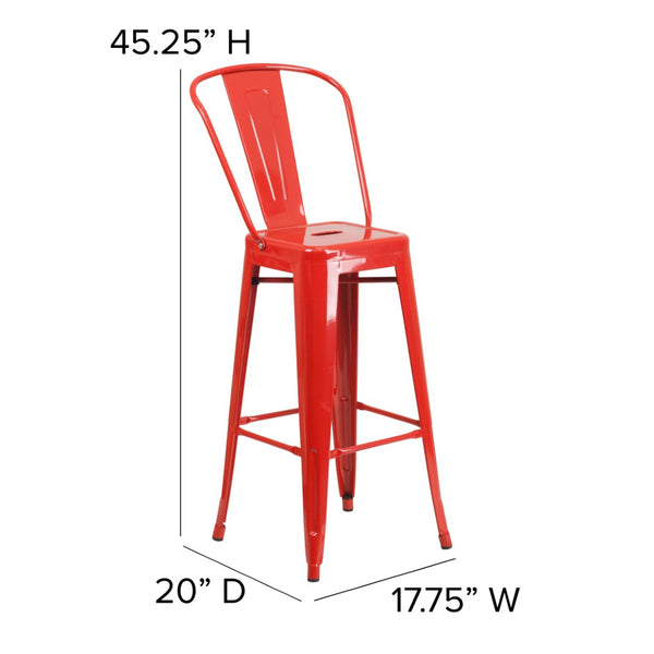 English Elm Kai Commercial Grade 30" High Metal Indoor-Outdoor Barstool with Versatile Removable Backrest Red CH-31320-30GB-RED-GG
