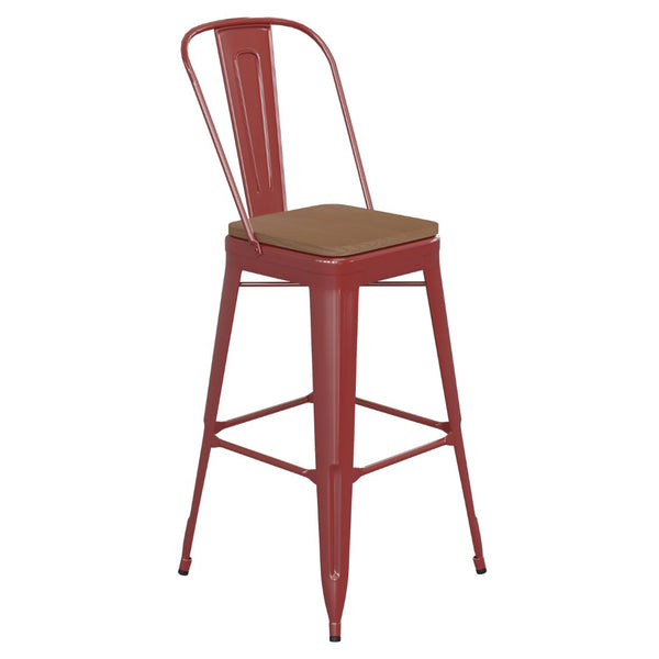 English Elm Kai 30" High Commercial-Grade Metal Bar Stool with Removable Back for Indoor and Outdoor Use Teak Seat/Red Frame CH-31320-30GB-RED-PL2T-GG