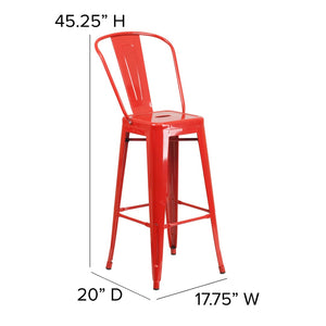 English Elm Kai 30" High Commercial-Grade Metal Bar Stool with Removable Back for Indoor and Outdoor Use Teak Seat/Red Frame CH-31320-30GB-RED-PL2T-GG