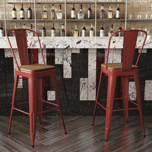 English Elm Kai 30" High Commercial-Grade Metal Bar Stool with Removable Back for Indoor and Outdoor Use Teak Seat/Red Frame CH-31320-30GB-RED-PL2T-GG