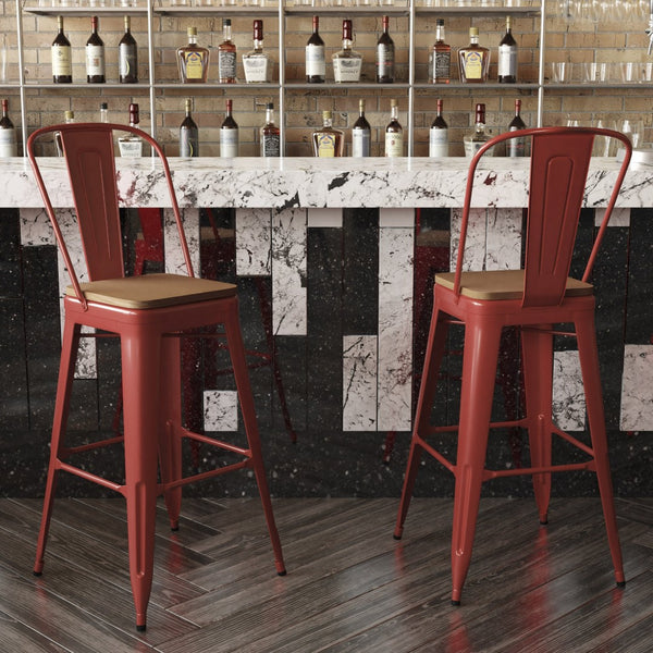 English Elm Kai 30" High Commercial-Grade Metal Bar Stool with Removable Back for Indoor and Outdoor Use Teak Seat/Red Frame CH-31320-30GB-RED-PL2T-GG