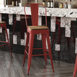 English Elm Kai 30" High Commercial-Grade Metal Bar Stool with Removable Back for Indoor and Outdoor Use Teak Seat/Red Frame CH-31320-30GB-RED-PL2T-GG