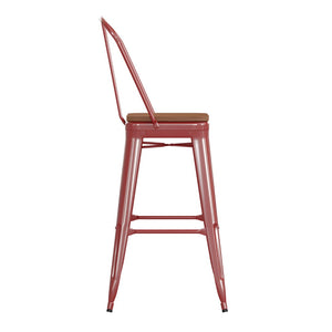 English Elm Kai 30" High Commercial-Grade Metal Bar Stool with Removable Back for Indoor and Outdoor Use Teak Seat/Red Frame CH-31320-30GB-RED-PL2T-GG