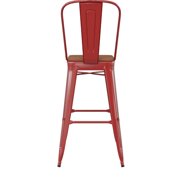 English Elm Kai 30" High Commercial-Grade Metal Bar Stool with Removable Back for Indoor and Outdoor Use Teak Seat/Red Frame CH-31320-30GB-RED-PL2T-GG