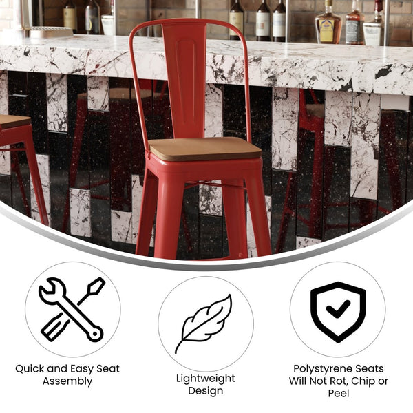 English Elm Kai 30" High Commercial-Grade Metal Bar Stool with Removable Back for Indoor and Outdoor Use Teak Seat/Red Frame CH-31320-30GB-RED-PL2T-GG