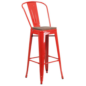 English Elm Lily 30" High Metal Barstool with Back and Wood Seat for Stylish Dining and Comfortable Support Red CH-31320-30GB-RED-WD-GG