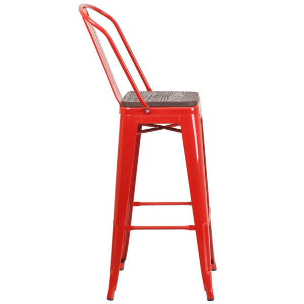 English Elm Lily 30" High Metal Barstool with Back and Wood Seat for Stylish Dining and Comfortable Support Red CH-31320-30GB-RED-WD-GG