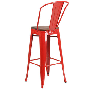 English Elm Lily 30" High Metal Barstool with Back and Wood Seat for Stylish Dining and Comfortable Support Red CH-31320-30GB-RED-WD-GG