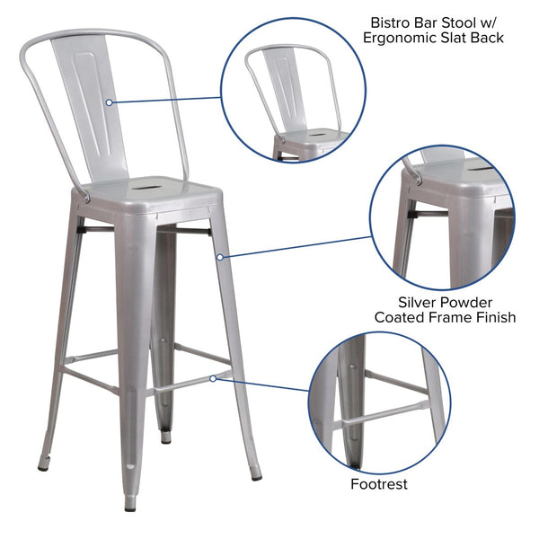 English Elm Kai Commercial Grade 30" High Metal Indoor-Outdoor Barstool with Versatile Removable Backrest Silver CH-31320-30GB-SIL-GG
