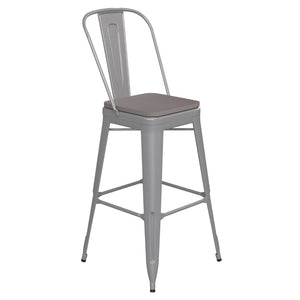 English Elm Kai 30" High Commercial-Grade Metal Bar Stool with Removable Back for Indoor and Outdoor Use Gray Seat/Silver Frame CH-31320-30GB-SIL-PL2G-GG