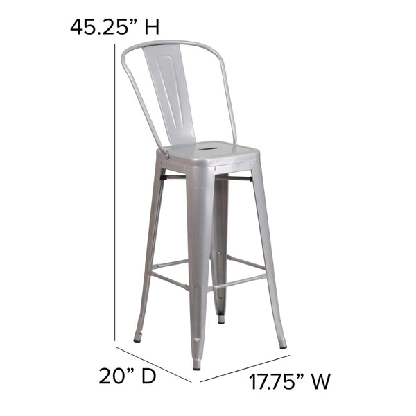 English Elm Kai 30" High Commercial-Grade Metal Bar Stool with Removable Back for Indoor and Outdoor Use Gray Seat/Silver Frame CH-31320-30GB-SIL-PL2G-GG