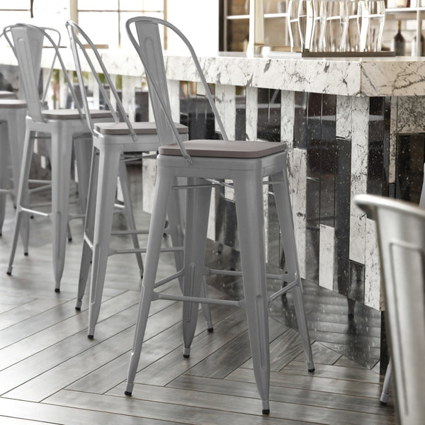 English Elm Kai 30" High Commercial-Grade Metal Bar Stool with Removable Back for Indoor and Outdoor Use Gray Seat/Silver Frame CH-31320-30GB-SIL-PL2G-GG