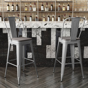 English Elm Kai 30" High Commercial-Grade Metal Bar Stool with Removable Back for Indoor and Outdoor Use Gray Seat/Silver Frame CH-31320-30GB-SIL-PL2G-GG