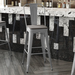 English Elm Kai 30" High Commercial-Grade Metal Bar Stool with Removable Back for Indoor and Outdoor Use Gray Seat/Silver Frame CH-31320-30GB-SIL-PL2G-GG