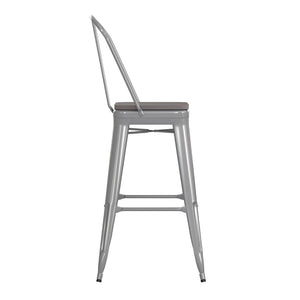 English Elm Kai 30" High Commercial-Grade Metal Bar Stool with Removable Back for Indoor and Outdoor Use Gray Seat/Silver Frame CH-31320-30GB-SIL-PL2G-GG
