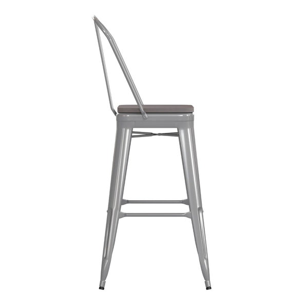 English Elm Kai 30" High Commercial-Grade Metal Bar Stool with Removable Back for Indoor and Outdoor Use Gray Seat/Silver Frame CH-31320-30GB-SIL-PL2G-GG