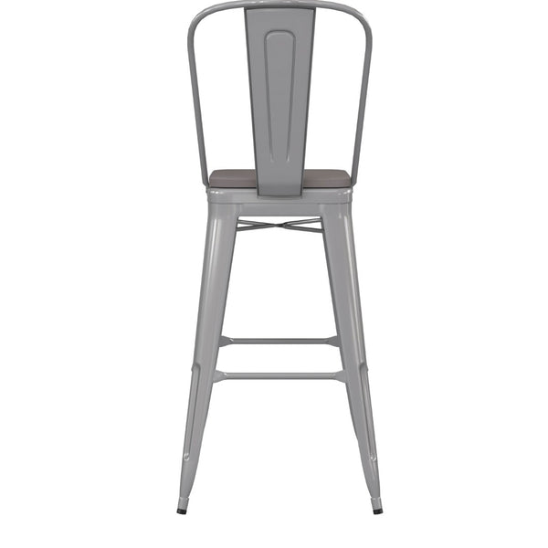 English Elm Kai 30" High Commercial-Grade Metal Bar Stool with Removable Back for Indoor and Outdoor Use Gray Seat/Silver Frame CH-31320-30GB-SIL-PL2G-GG