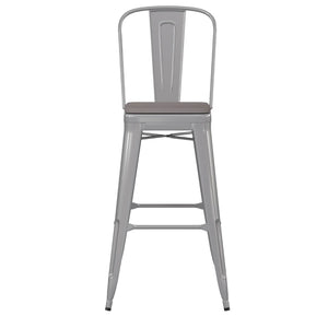 English Elm Kai 30" High Commercial-Grade Metal Bar Stool with Removable Back for Indoor and Outdoor Use Gray Seat/Silver Frame CH-31320-30GB-SIL-PL2G-GG