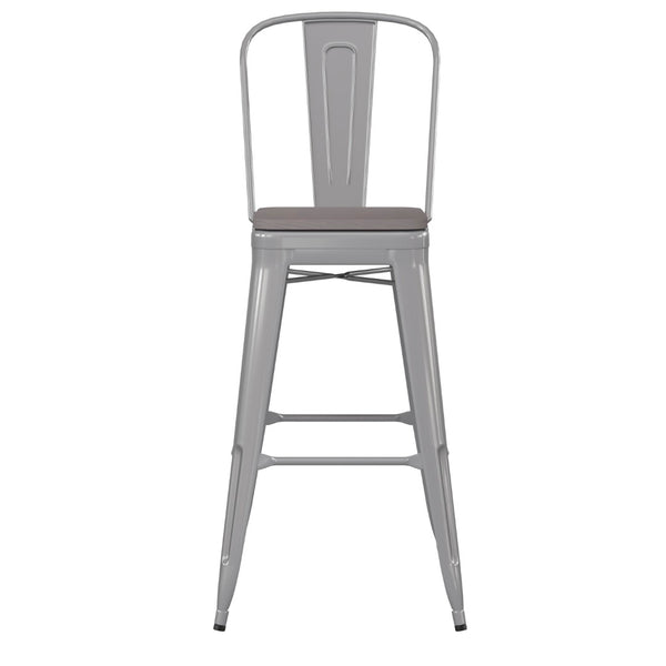 English Elm Kai 30" High Commercial-Grade Metal Bar Stool with Removable Back for Indoor and Outdoor Use Gray Seat/Silver Frame CH-31320-30GB-SIL-PL2G-GG