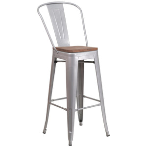 English Elm Lily 30" High Metal Barstool with Back and Wood Seat for Stylish Dining and Comfortable Support Silver CH-31320-30GB-SIL-WD-GG