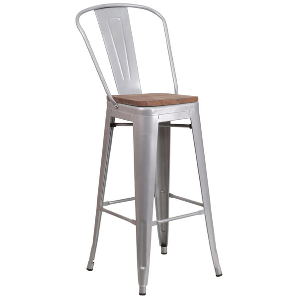 English Elm Lily 30" High Metal Barstool with Back and Wood Seat for Stylish Dining and Comfortable Support Silver CH-31320-30GB-SIL-WD-GG
