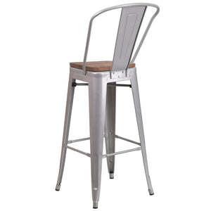 English Elm Lily 30" High Metal Barstool with Back and Wood Seat for Stylish Dining and Comfortable Support Silver CH-31320-30GB-SIL-WD-GG