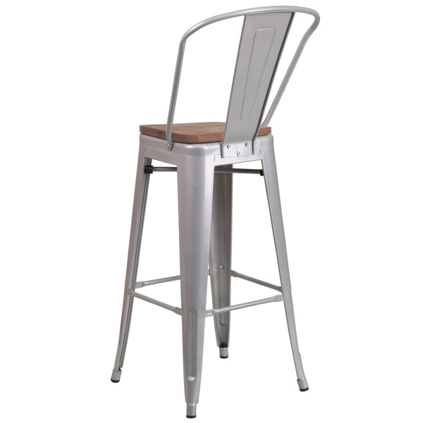 English Elm Lily 30" High Metal Barstool with Back and Wood Seat for Stylish Dining and Comfortable Support Silver CH-31320-30GB-SIL-WD-GG