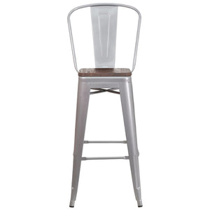 English Elm Lily 30" High Metal Barstool with Back and Wood Seat for Stylish Dining and Comfortable Support Silver CH-31320-30GB-SIL-WD-GG