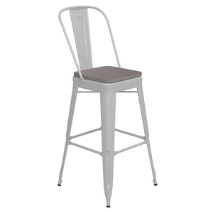 English Elm Kai 30" High Commercial-Grade Metal Bar Stool with Removable Back for Indoor and Outdoor Use Gray Seat/White Frame CH-31320-30GB-WH-PL2G-GG