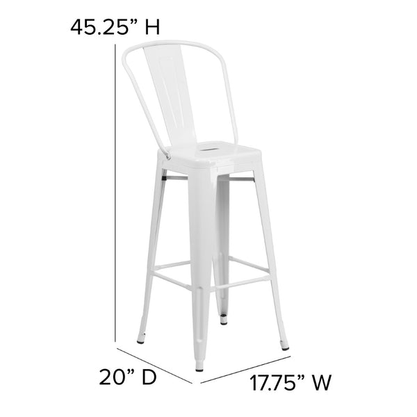 English Elm Kai 30" High Commercial-Grade Metal Bar Stool with Removable Back for Indoor and Outdoor Use Gray Seat/White Frame CH-31320-30GB-WH-PL2G-GG