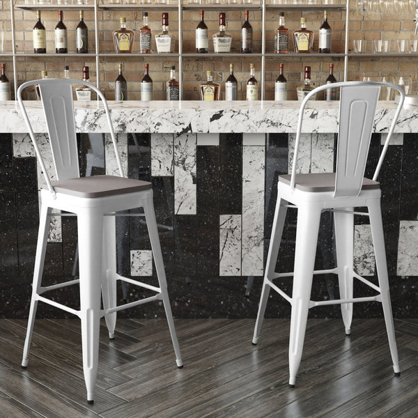 English Elm Kai 30" High Commercial-Grade Metal Bar Stool with Removable Back for Indoor and Outdoor Use Gray Seat/White Frame CH-31320-30GB-WH-PL2G-GG