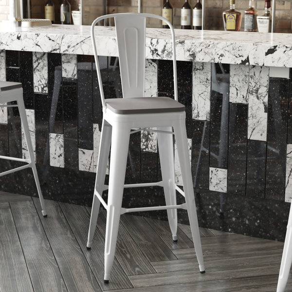 English Elm Kai 30" High Commercial-Grade Metal Bar Stool with Removable Back for Indoor and Outdoor Use Gray Seat/White Frame CH-31320-30GB-WH-PL2G-GG
